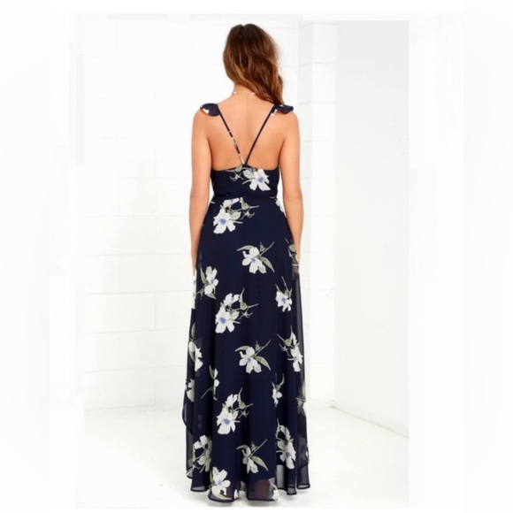 Lulu's All Mine Navy Blue Floral Print High-Low Wrap Dress - Picture 2 of 2